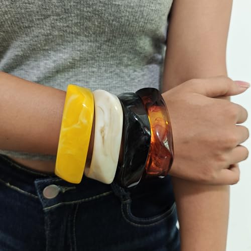 2PCS Chunky Acrylic Bracelet for Women Large Square Resin Cuff Vintage Open Bangle Bracelets Wide Geometric Jewelry - style: L-4PCS