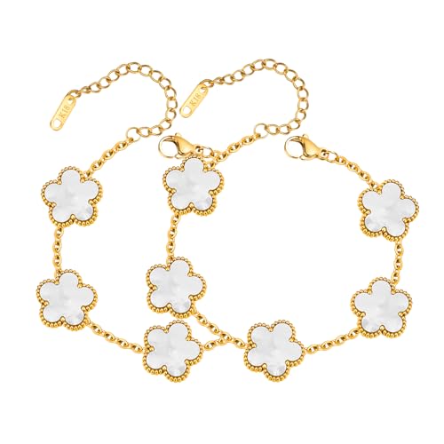 Women Gold Bracelets Jewelry Set - 3Pcs 18K Gold Plated Floral Bracelet,Stainless Steel Charm Bracelet Non-Tarnish,Adjustable Lucky Chain Trendy Gift,Christmas Valentines Birthday Gifts for Girlfriend - style: White-2pcs