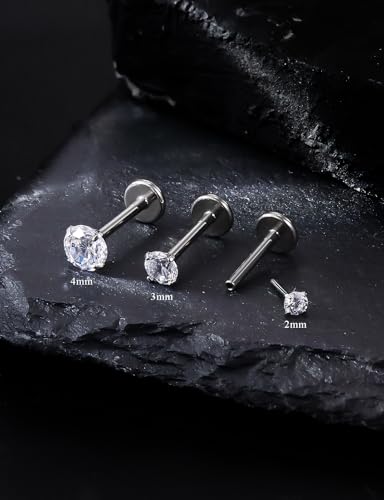 20G 18G 16G F136 Titanium Threadless Flat Back Earrings Nose Studs Tragus Forward Helix Conch Cartilage Lobe Earrings Medusa Labret Snake Bite Monroe Lip Ring Piercing Jewelry For Women Men - size: 20G-6MM Bar-CZ 2MM
