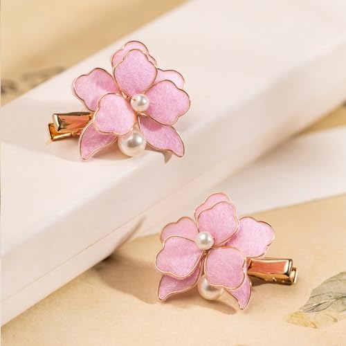 A Pair Wedding Hair Clips, Handmade Floral Design Crystal Hair Clips Pearl Barrettes, Rhinestones Flower Clips Pearl Headpieces Hair Pins Hair Accessories for Women Girls (Pink) - color: Pink