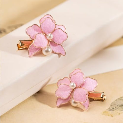A Pair Wedding Hair Clips, Handmade Floral Design Crystal Hair Clips Pearl Barrettes, Rhinestones Flower Clips Pearl Headpieces Hair Pins Hair Accessories for Women Girls (Pink) - color: Pink