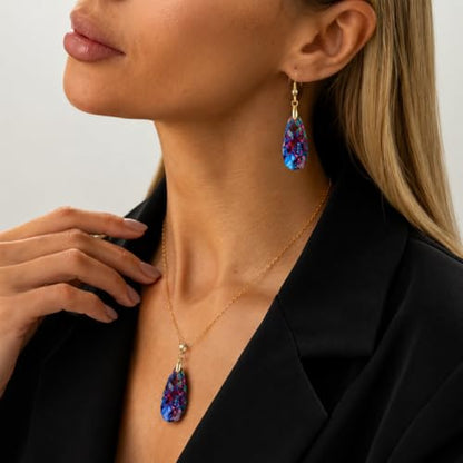 Natural Healing Stone Necklaces for Women Boho Crystal Drop Earrings Set Unique Emperor Stone Pendant Necklace for Birthday Party Jewelry Gift - color: Rainbow Blue - Gold Hook