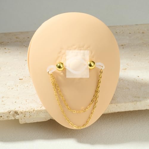 Longita Silver Gold Fake Nipple Rings Non Piercing Nipple Jewelry with Chain Adjustable Elastic Nooses Non Pierced Faux Body Jewelry for Women Men Comfortable Valentine's Day - color: B2- chain - gold