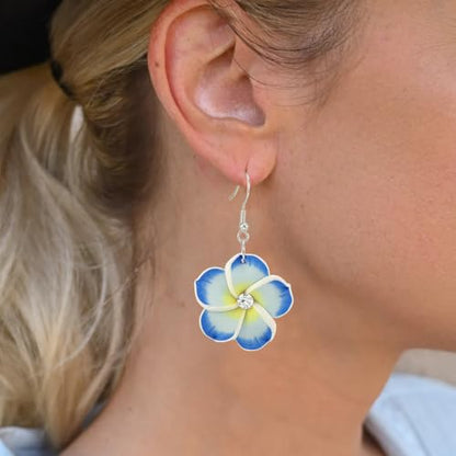 Floral Dangle Earrings for Women Hawaiian Tropical Plumeria Rubra Flower Drop Earrings with Cubic Zirconia Luau Beach Party Vacation Hawaiian Accessories Jewelry Gift - color: Light Blue