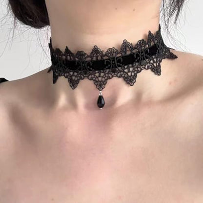 Gothic Lace Choker Tie-Up Velvet Ribbon 2 Pack Black & Burgundy Soft Collar Necklace with Crystal Drop Pendant Set - color: Black+Burgundy