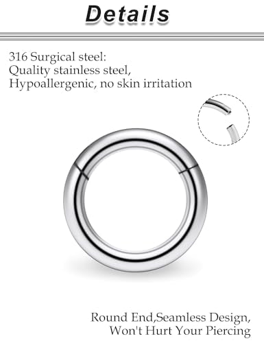 20G-2G Surgical Steel Hinged Clicker Septum Nose Rings Gauges Earrings Seamless Hoops Eyebrow Lip Ring Cliker Helix Tragus Daith Rook Earrings for Women Men - color: Silver, size: 12G(2mm)-10/12/14/16mm