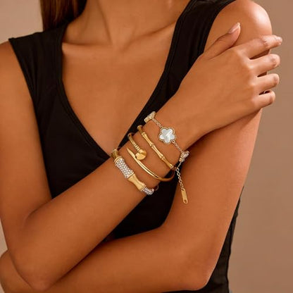 Stackable Gold Bracelets for Women - 4 Sets, 18K Gold Plated Bracelets, Stainless Steel Bangle Bracelets Non-Tarnish, Stylish Gold Jewelry Ensemble, Valentine's Day, Birthday and Christmas Jewelry Gifts - color: A7-(Gold 4Sets)