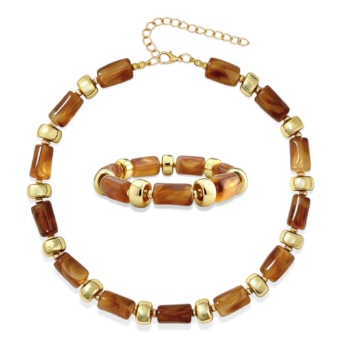 YBMYCM Colorful Resin Beaded Necklace Bracelet Set for Women, Adjustable Chunky Choker Necklace with Stretch Bracelet, Boho Statement Summer Beach Jewelry Gift for Her - color: Brown