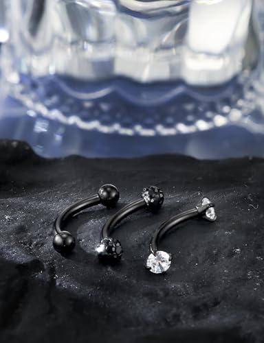 18G 16G 14G Eyebrow Ring Piercing Jewelry Surgical Steel Internal Thread Vertical Labret Lip Ring Rook Daith Earrings Belly Button Ring Piercing Jewelry for Women Men CZ Silver Black Gold - color: Black, size: 14G, 10mm Length