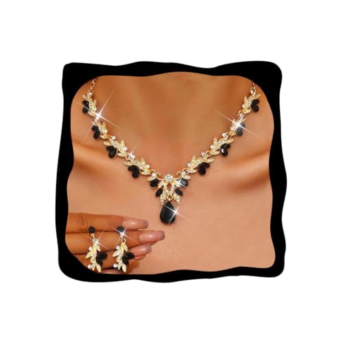 Rhinestone Bridal Wedding Jewelry Sets Gold Necklace Earrings Set Leaf Prom Formal Costume Jewelry Set for Women and Brides - color: Black Gold