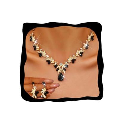 Rhinestone Bridal Wedding Jewelry Sets Gold Necklace Earrings Set Leaf Prom Formal Costume Jewelry Set for Women and Brides - color: Black Gold