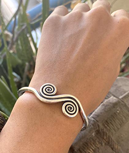 Sterling Silver Boho Cuff Bracelet with Spirals and Symbolic Engravings, Adjustable Handmade Engraved Ethnic Tribal Rounded, for Women (M-L) or Men (S-M)