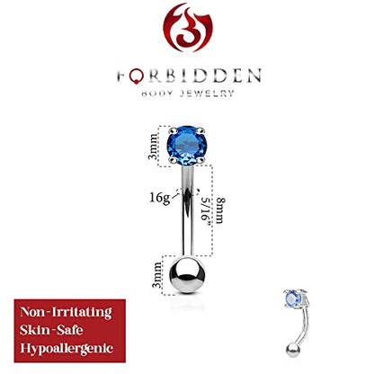 Forbidden Body Jewelry 16g 8mm Surgical Steel Curved Barbell w/Solitaire CZ for Daith, Eyebrow & Rook Piercings - color: Steel/Blue