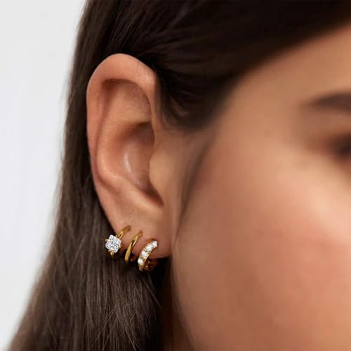 Gold Triple Hoop Illusion Stud Earrings, 14K Chunky Gold Plated Hoop Earrings Cuff Earrings for Women Trendy, Hypoallergenic Earrings Set Jewelry Gift - color: Triple hoop earrings-diamond