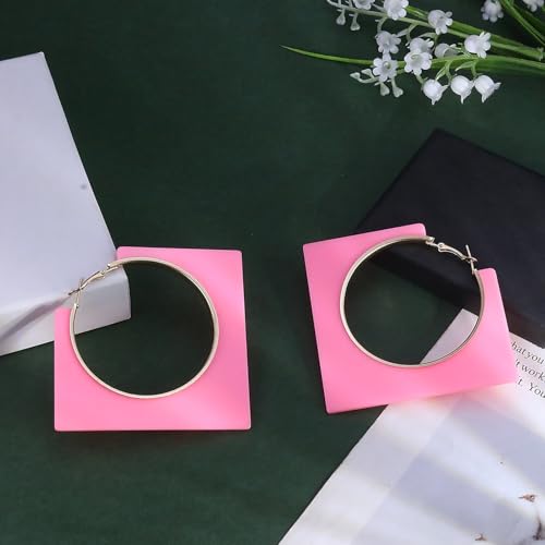 Colorful Large Hoop Earrings for Women Big Square Hollow Hoops Dangle Earrings Trendy Chunky Geometric Square Earring 80s 90s Neon Hoop Dangle Earrings - color: pink