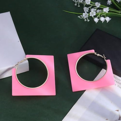 Colorful Large Hoop Earrings for Women Big Square Hollow Hoops Dangle Earrings Trendy Chunky Geometric Square Earring 80s 90s Neon Hoop Dangle Earrings - color: pink