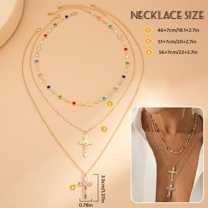 Layered Cross Necklace Set for Women, Layered Choker Necklaces Trendy Jewelry, Colorful Enamel Beaded Y-Shaped Lariat Necklace, Boho Multilayer Cross Necklace for Party and Daily Wear - color: Gold-09