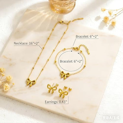 3 Pcs Gold Bow Jewelry Set - Dainty Ribbon Necklace. Outstanding Coquette Aesthetic Accessories Featuring Matching Bracelet Studs, Minimalist Beaded Satellite Chain