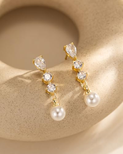 Pearl Earrings - 14K Gold/White Gold/Rose Gold Plated Cubic Zirconia CZ Diaomond Accented Pearl Drop Dangle Earrings for Women Wedding Bridal Prom - color: Gold 3pcs cz