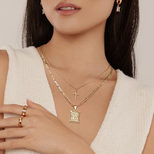 KELORIS PATH Gold Layered Initial Cross Necklace, 14K Gold Plated Layering Square Letter Pendant Figaro Chain Cross Choker from A-Z Capital Jewelry for Women Girls | 14K Gold Plated Square/Hexagon Letter Pendant with Figaro Chain, Stackable Jewelry Gifts,