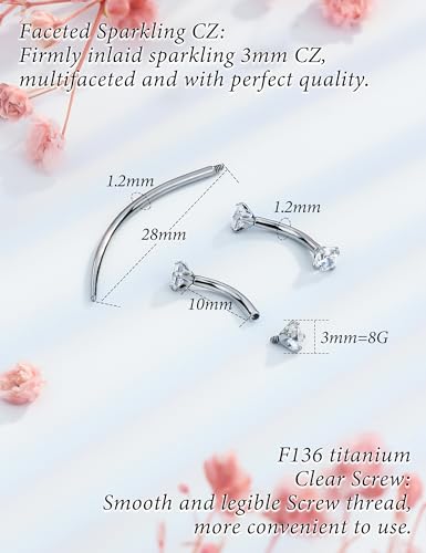 Eyebrow Piercing Jewelry F136 Titanium Internally & externally Threaded Curved Barbell Vertical Labret Lip Jewelry Ear Rook Navel Belly Button Ring Women Men 20g 18g 16g 6mm/8mm/10mm/12mm - color: 10mm F136 titanium Eyebrow Rings 16G White