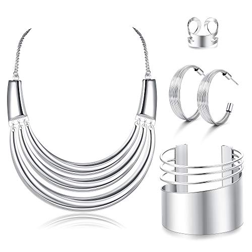JOERICA Bib Choker Necklace Silver Gold Jewelry Set Wide Cuff Bangle Bracelet Open Hoop Earrings Adjustable Ring Chunky Silver Gold Statement Costume Jewelry Set for Women - color: Silver Tone