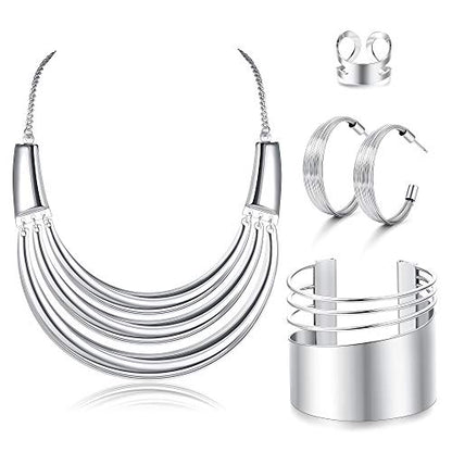 JOERICA Bib Choker Necklace Silver Gold Jewelry Set Wide Cuff Bangle Bracelet Open Hoop Earrings Adjustable Ring Chunky Silver Gold Statement Costume Jewelry Set for Women - color: Silver Tone
