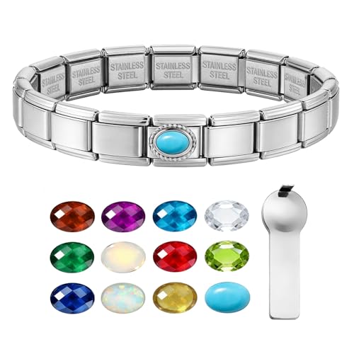 GEMOSA Birthstone Italian Charm Bracelet - 18 Links 9mm x 10mm Stainless Steel Base Bracelet with Birthstone Charm & Link Opener Tool, Polished Silver Finish Jewelry Gift Box Set for Women - color: 12-Dec-Turquoise