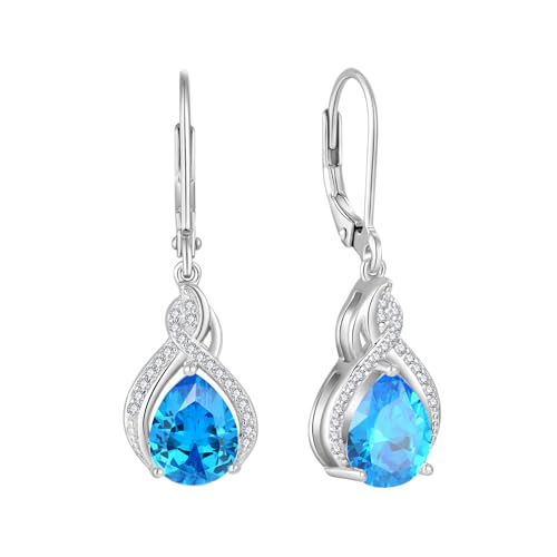 925 Sterling Silver Infinity Teardrop Earrings for Women | Lwsary Dangle Drop Leverback Earrings, Pear Shaped Birthstone Jewelry for Her - color: Blue