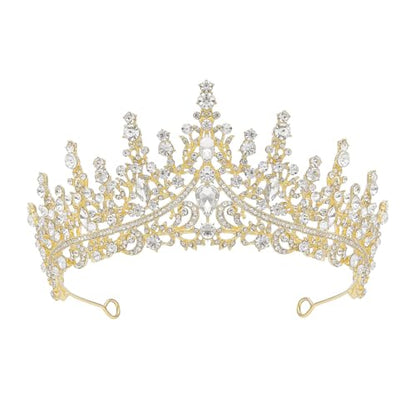 SWEETV Crystal Wedding Tiara for Women, Royal Queen Crown Headband, Rhinestone Princess Hair Accessories for Prom Birthday - color: 1.Gold-Tone