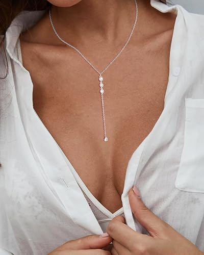 Lariat Gold Necklaces for Women Trendy Dainty Long Necklace 14k Gold Plated/Silver Layered Drop Beaded Chain Necklaces Y-shaped Pendant Necklace Simple Gold Jewelry Gifts - color: Y Rain-Silver