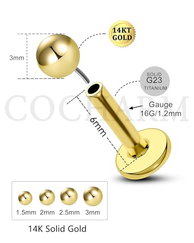 COCHARM 14K Solid Gold Helix Cartilage Tragus Earring Stud 16g Yellow Gold Threadless Tragus Cartilage Helix Conch Piercing Jewelry Flat Back Lip Labret Medusa Monroe Piercing Stud - color: 3mm Top, size: 6mm Length