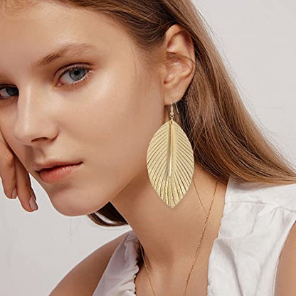 Bohemian Handmade Lightweight Color Large Genuine Soft Leather Fringe Feather Leaf Tear Dangle Drop Earrings for Women Statement - color: 2-Off white