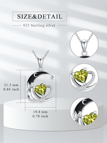 I Love You to the Moon and Back Necklace 925 Sterling Silver Black Crescent Moon Star Pendant with Heart Birthstone Necklace Anniversary Gothic Jewelry Gifts for Women Wife Lovers - color: 08-Aug-Peridot