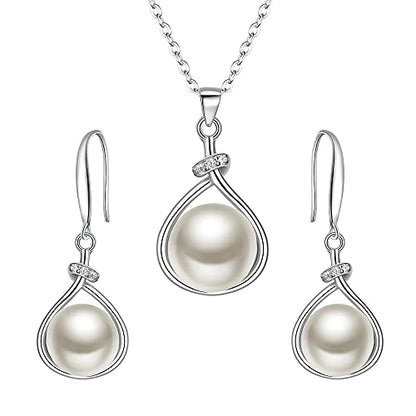 EleQueen 925 Sterling Silver CZ Freshwater Cultured Pearls Bridal Pendant Necklace Earrings Wedding Jewelry Sets, Valentine's Day/Mother's Day/Christmas Gift - style: Pearl Necklace Earrings Set