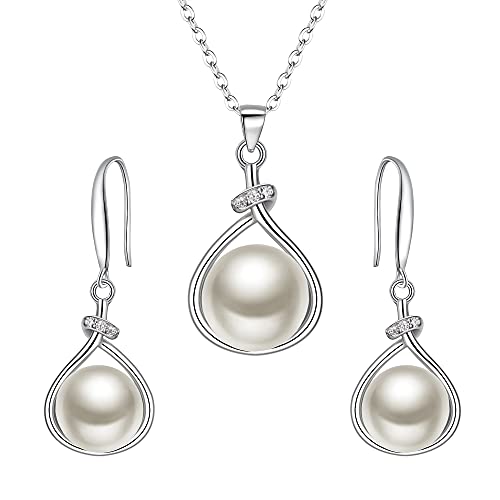 EleQueen 925 Sterling Silver CZ Freshwater Cultured Pearls Bridal Pendant Necklace Earrings Wedding Jewelry Sets, Valentine's Day/Mother's Day/Christmas Gift - style: Pearl Necklace Earrings Set