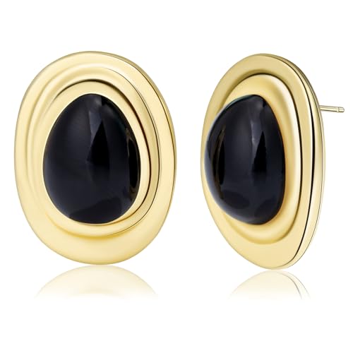 Resin Statement Chunky Gold Drop Earrings Big Vintage Colorful Oval Stud | Acrylic Teardrop Boho Hypoallergenic Jewelry Unique Everyday Funky Vacation Cool Large Oversized Bold Outfit for Women Trendy - color: Black