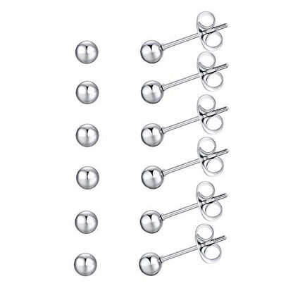 FOSIR 6 Pair Tiny Women 14K Gold Plated Ball Stud Earrings Surgical Stainless Steel Earrings Set, 2-6MM - style: silver-6pair,5mm