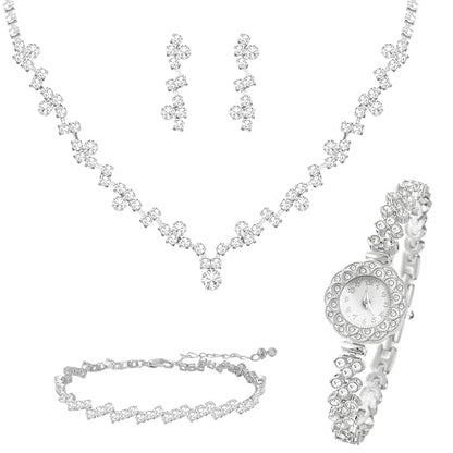 NEWITIN 5 Pieces Crystal Silver Jewelry Set for Women Watch Necklace Bracelet Earrings Bling Cubic Zirconia Wedding Jewelry Sets for Brides Bridesmaid Prom Costume Accessories