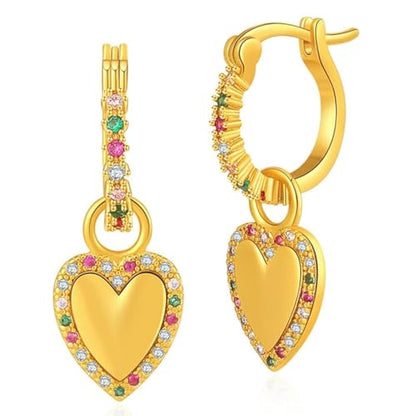 Dainty 14K Gold Plated Cubic Zirconia Heart Small Hoop Earrings Charm Mini Sparkly Colorful Crystal Love Heart Dangle Drop Huggie Earrings for Women
