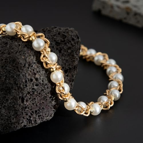 Gold/Silver Pearl Necklace for Men Faux Pearl Choker Necklace Beaded Adjustable Chain Gothic Chunky Beaded Statement Hip Hop Rock Party Festival Collar para Hombre Fashion Jewelry Gift for Men - style: Style-C-GD