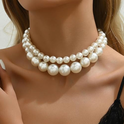 Layered Big Pearl Choker Necklaces for Women Fashion Adjustable Faux Pearls Necklaces Chunky White Large Beaded Necklace Jewelry Accessories