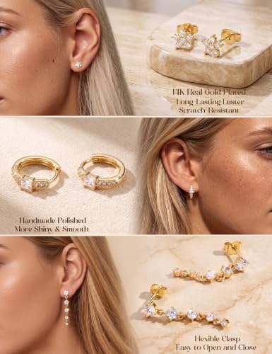 MILACOLATO 5 Pairs 925 Sterling Silver Earrings for Women Trendy Ear Stacks | 14K Gold Plated Stud Huggie Hoop Earrings Set Hypoallergenic CZ Pearl Dangle Earring Prom Bridal Bridesmaids Wedding Jewelry - color: Gold - 2 Pairs of Pearl Earrings + 3 Pairs