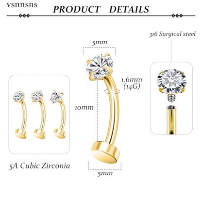 Vsnnsns 14G Floating Belly Button Ring Piercing Jewelry 316L Stainless Surgical Steel Round Heart Cubic Zirconia Navel Rings Belly Button Ring Piercing Jewelry for Women 14 Gauge Hypoallergenic - color: Gold-10MM Bar-Clear CZ