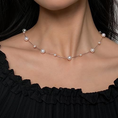 925 Sterling Silver Dainty Freshwater Cultured Pearl Choker Necklace White Genuine Real Pearl Charm Necklaces Jewelry Gifts for Her - color: Satellite Pearl-Silver Plus 4-5mm&8-9mm
