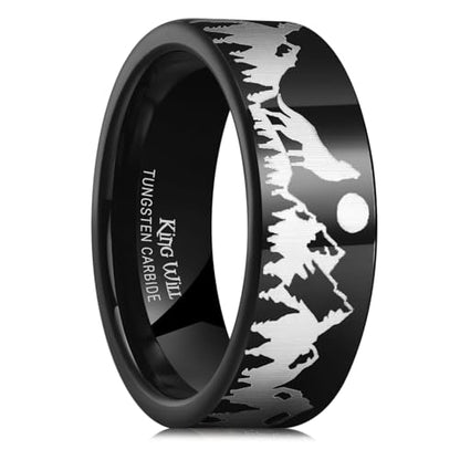 King Will Mens 6mm 8mm Tungsten Carbide Wedding Bands Inlay Lasered Brushed Wedding Rings for Men Women | Brushed, Lasered Seagull/Forest Landscap/Panda/Deer/Hunting/Fly Fishing, Comfort Fit, Everyday Wear - color: Howling Wolves