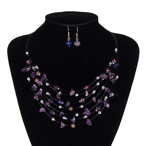 Multi-Layer Boho Shell Beaded Necklace for Women Colorful Crystal Strand with Silver Beads Statement Collars Necklace and Earrings Costumes Jewelry Sets for Women - color: 48-Purple