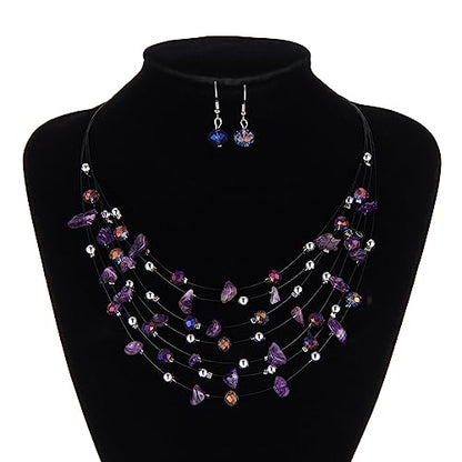 Multi-Layer Boho Shell Beaded Necklace for Women Colorful Crystal Strand with Silver Beads Statement Collars Necklace and Earrings Costumes Jewelry Sets for Women - color: 48-Purple