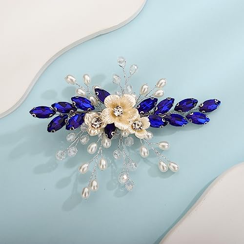 Xerling Royal Blue Rhinestones Crystal Flower Hair Barrettes Clip Boho Bridal Pearl Hair Jewelry Accessories for Women Wedding Floral Headpieces (Blue) - color: Blue