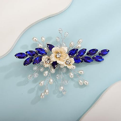 Xerling Royal Blue Rhinestones Crystal Flower Hair Barrettes Clip Boho Bridal Pearl Hair Jewelry Accessories for Women Wedding Floral Headpieces (Blue) - color: Blue